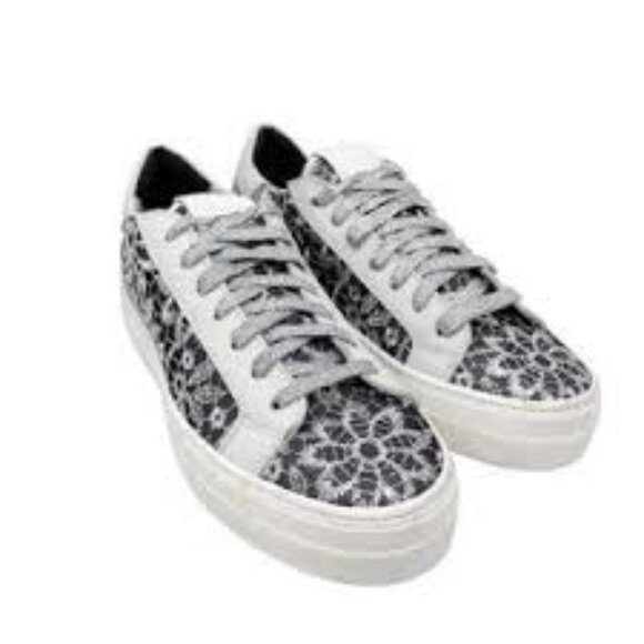 P448 Thea White/Black/Silver Embroidered Flower Low Top Sneakers - Picture 2 of 9